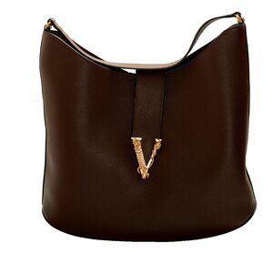 Versace Women's Brown 100% Grainy Leather V-Logo Hobo Handbag Shoulder Bag